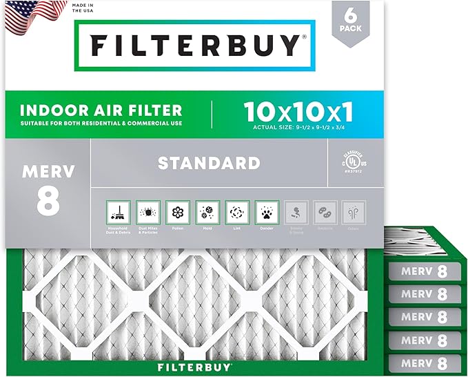Filterbuy 10x10x1 Air Filter MERV 8 (MPR 700) Dust Defense Replacement (6-Pack), Electrostatic Pleated HVAC AC Furnace Filters, Made in USA (Actual Size: 9.50 x 9.50 x 0.75)