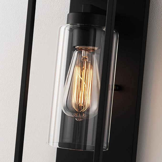 mirrea 14" Dusk to Dawn Outdoor Wall Sconce 1 Light in Cylinder Glass Shade and Matte Black Rectangular Metal Frame Waterproof Porch Light Patio Light Pack of 2