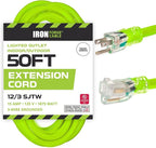 Iron Forge Cable Weatherproof 50 Ft Outdoor Extension Cord - 12/3 SJTW 15 Amp Heavy Duty Light Green High Visibility Cable with 3 Prong - Lighted End