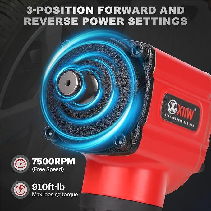 XIIW 1/2'' Angle Impact Wrench, Max Torque 910 ft-lbs, Compact Lightweight 3.63 lb Design, Heavy Duty 7500RPM 1/2 Mini Air Impact Gun Driver, Twin Hammer Pneumatic Tool