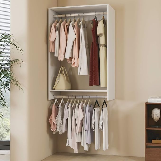 Modular Closet Organizer System with 2 Hangingrods Shelves Wall Mount Shelving for Walk in Closet Bedroom Organization Built in Clothes Storage White 31.5''L x 15.75''W x 47.24''H