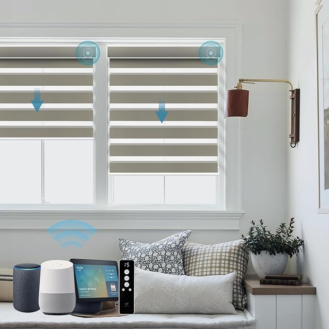 SmartWings Motorized Zebra Shades Work with HomeKit, Alexa, Google Home, 90% Blackout Light Filtering Day Night Sheer Blinds, Privacy Light Control, for Home/Office, Customized, Coffee