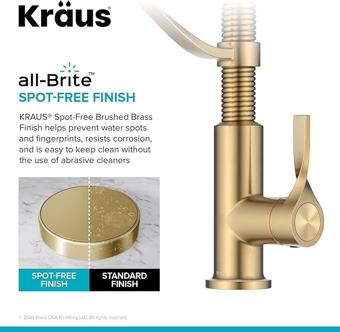 KRAUS Torak Pull Down Kitchen Faucet in Spot-Free Brushed Brass with Commercial Style Spring Spout, 2 Function Sprayer, Pre-Attached Water Lines, and Mounting Hardware, KPF-2635SFBB