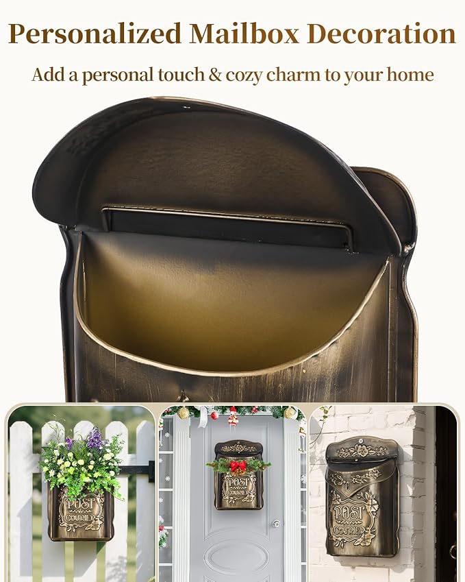 Uniclife Wall Mount Mailbox, Mailboxes for Outside, Decorative Vintage Mailbox, Metal Mail Box for House Decorations, Door Mail Box Decor for Home Garden & Outdoor, (No Locking Mechanism)