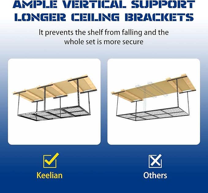 3x8 Overhead Garage Storage Rack Adjustable Garage Ceiling Storage Racks, Holds 600 lbs, 22 lbs Per Hook, Heavy Duty Steel Hanging Organizer for Tools, Bins & Bikes