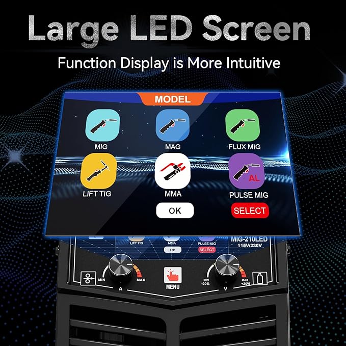 GZ GUOZHI MIG Welder 210A with Pulse, 8 in 1 Gas MIG/MAG/Gasless Flux Core MIG/Lift TIG/Stick/Spot Welding/Spool Gun, Aluminum Welding Machine 110V/220V Dual Voltage Multi-Process Welder LED Display