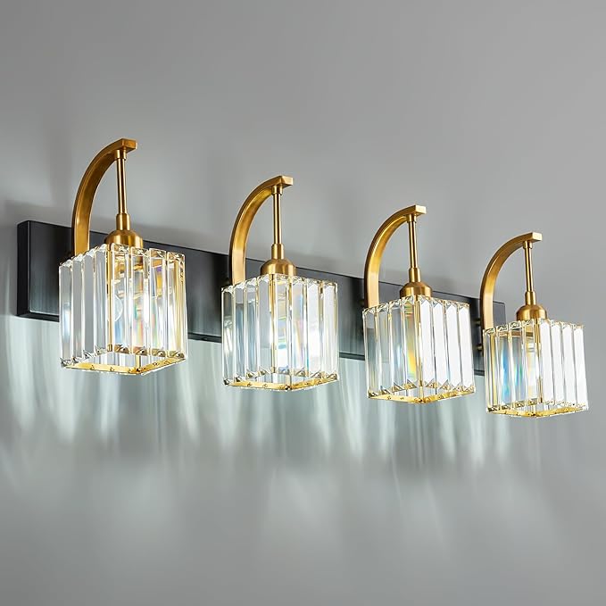 Crystal Vanity Lights 4-Light Black Gold Bathroom Vanity Lights Modern Crystal Bathroom Light Fixtures Over Mirror 32.67" Long Vanity Light for Bathroom