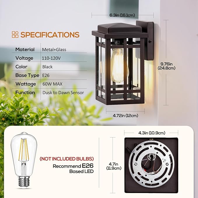 9.76'' Outdoor Wall Light Fixtures 2 Packs, Waterproof Porch Lights Lanterns, Exterior Modern Brown Wall Mount Lighting, Anti-Rust E26 Outside Scones for House Front Door Garage Patio, 2 Pack