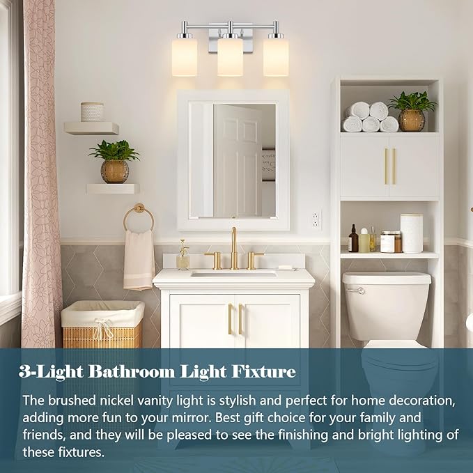 3-Light Brushed Nickel Bathroom Light Fixtures Over Mirror, Rustproof Brushed Nickel Vanity Light, Modern Bathroom Vanity Lights with Milky White Glass Shades, Wall Sconces for Bathroom Lighting