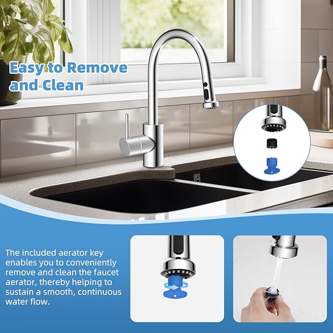 Hibbent Stainless Steels Pull Down Kitchen Faucet Head Replacement, 3 Function Sink Faucet Sprayer Head with 15 Adapters, Compatible with Moen, American Standard, Delta, Kohler Faucets, Chrome