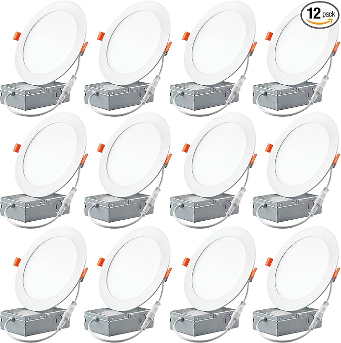 12 Pack Recessed Lighting 6 Inch LED Ceiling Lights with Junction Box, 6000K Canless Recessed LED Can Lights, 12W 110W Eqv, 1050LM High Brightness LED Lights
