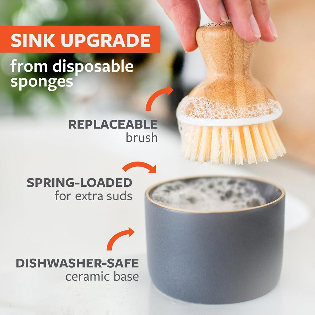 Full Circle Bubble Up- Eco-Friendly Bamboo Dish Brush & Ceramic Soap Dispenser - Natural Scrub Set for Dishes, Cast Iron - Kitchen Cleaning with Handle, White - 2 Pack