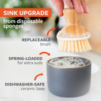 Full Circle Bubble Up- Eco-Friendly Bamboo Dish Brush & Ceramic Soap Dispenser - Natural Scrub Set for Dishes, Cast Iron - Kitchen Cleaning with Handle, White - 2 Pack