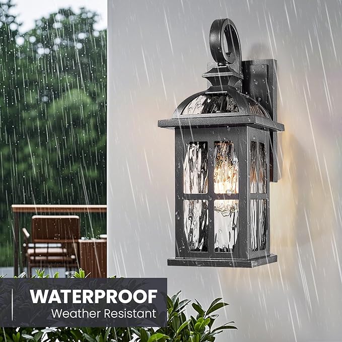 Outdoor Wall Laterns 15 Inch Height Outdoor Wall Light Fixtures Die-Cast Aluminum and Water Ripple Glass Black Finish Anti-Rust Outside Sconce Porch Lights for House Garage Doorway