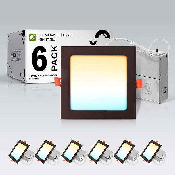 ASD 6 Pack LED Square Recessed Lighting 6 Inch, 5 CCT 2700K-5000K, 15W 60W Eqv, Ultra Thin Dimmable Ceiling Lights with J Box, Canless Wafer Downlight, Slim Panel, UL Energy Star, Oil-Rubbed Bronze