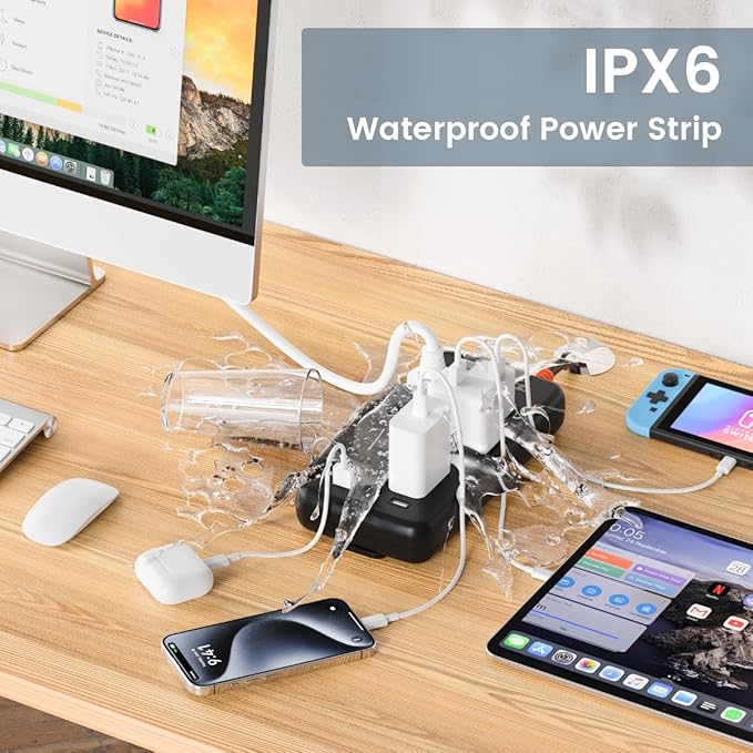 Outdoor Power Strip Weatherproof, IPX6 Waterproof Surge Protector with 6 Wide Outlets and 2USB A&2USB C, 1875W/15A, 10FT Extension Cord, Wall Mountable for Indoor Outdoor, UL FCC Listed