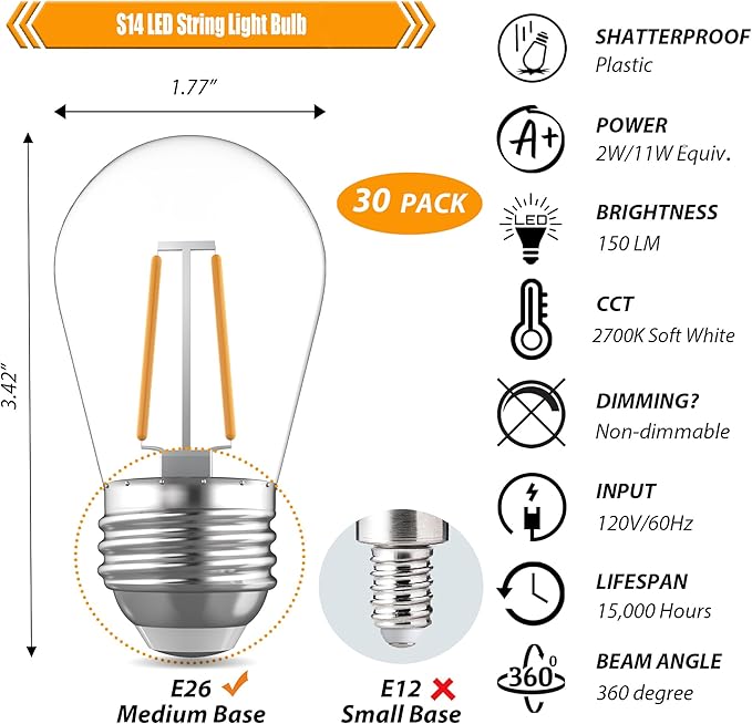 Replacement Bulbs for String Lights, 2W S14 Shatterproof Outdoor LED Light Bulbs, 2700K Soft White, E26 Base, AC120V, Not Dimmable, 30 Pack
