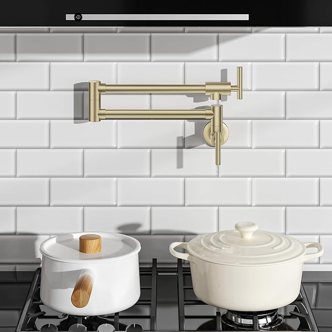 FORIOUS Gold Pot Filler Faucet Over Stove, Solid Brass Modern Wall Mount Commercial Folding Faucet with Stretchable Double Joint Swing Arms for Kitchen Restaurant