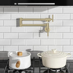 FORIOUS Gold Pot Filler Faucet Over Stove, Solid Brass Modern Wall Mount Commercial Folding Faucet with Stretchable Double Joint Swing Arms for Kitchen Restaurant