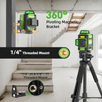 Huepar Laser Level 360 Self Leveling, Rechargeable Green Laser 3x360° Cross Line Lazer Leveler 3D Level Laser Tool for Construction and Picture Hanging, Strong Magnetic Bracket&Hard Carry Case -HM03CG
