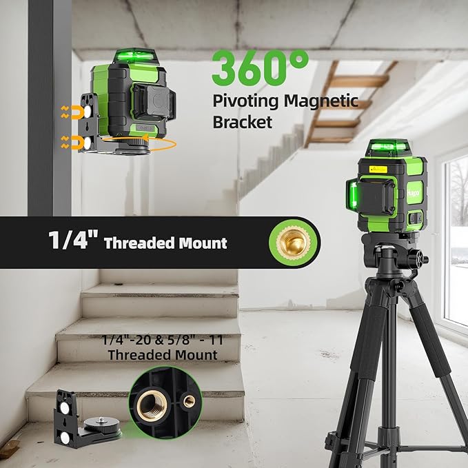 Huepar Laser Level 360 Self Leveling, Rechargeable Green Laser 3x360° Cross Line Lazer Leveler 3D Level Laser Tool for Construction and Picture Hanging, Strong Magnetic Bracket&Hard Carry Case -HM03CG