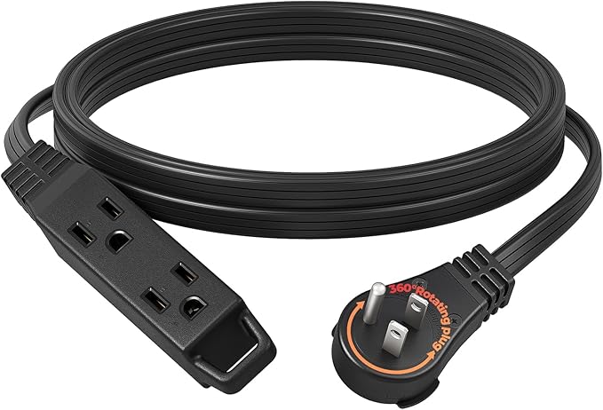 DEWENWILS 10FT Flat Plug Extension Cord, 360° Rotating Plug, 3 Prong Ultra Thin Power Strip, 13A/125V/1625W, 16 Awg Grounded Flat Power Cable for Indoor Narrow Space, SPT-3, ETL Listed, Black