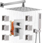 Enga Shower System with Body Jets 12 Inch Wall Mounted Rain Shower and Handheld Sprays Brass Full Body Massage Spa Jets Contain Rough-in Shower Valve, Brushed Nickel