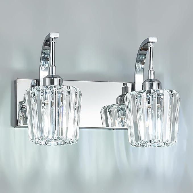 Modern Bathroom Vanity Light, 2-Light Chrome Wall Sconce with Crystal Accents, Over Mirror Bathroom Lighting Fixture, 13.77" Long Dimmable Vanity Lamp for Makeup, Easy Installation