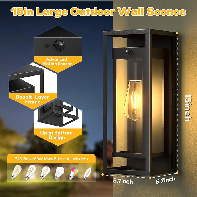 15in Motion Sensor Outdoor Wall Sconce-Black Modern Exterior Lighting Fixture Waterproof Porch Lights Large Outside Lantern Wall Mounted for Coach Doorway Patio