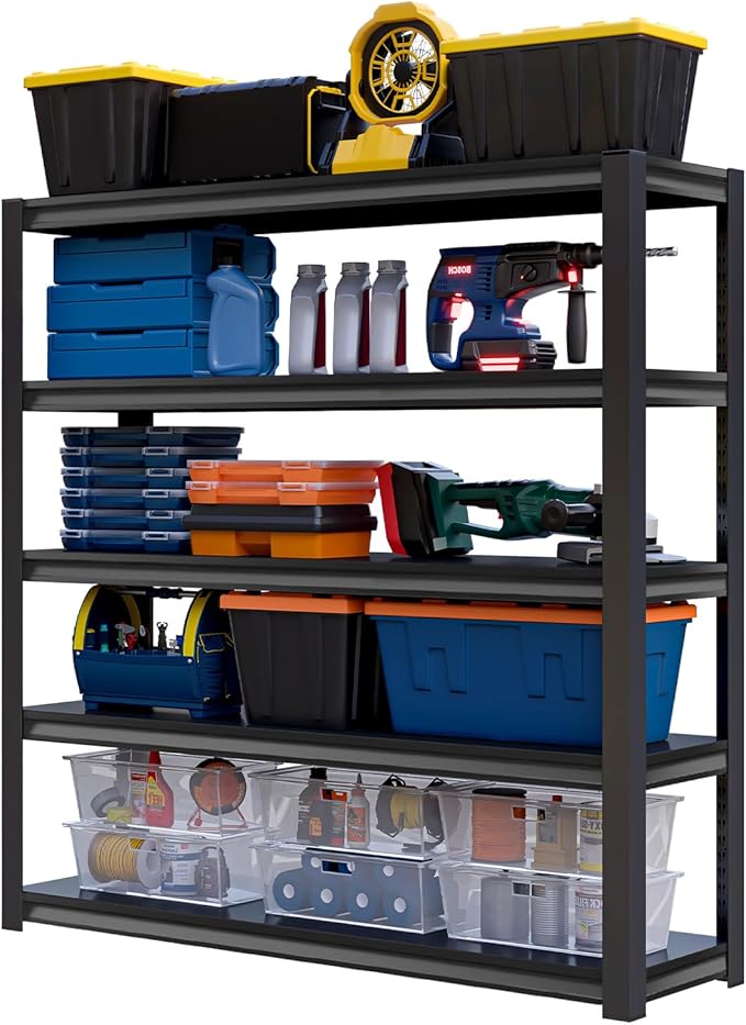 Shelving Units and Storage, 3000LBS Garage Storage Shelves, 5 Tier Shelving Unit, Steel Industrial Shelving, Adjustable Standing Shelf for Garage, Pantry, Closet 72" H x 47" W x 20" D, Black