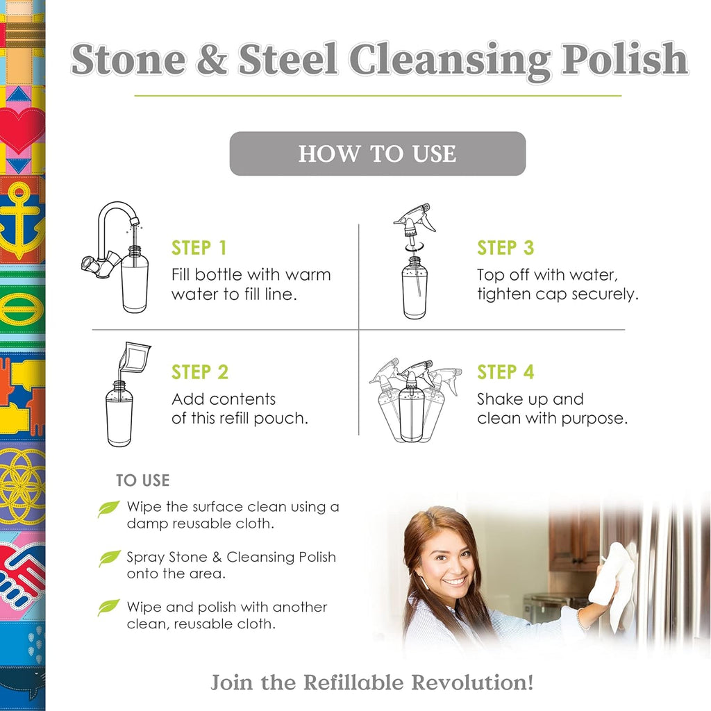 Truly Free Stone & Steel Cleansing Polish Starter Kit - Quartz, Marble, Granite, Stone Countertop, Oven, Stainless Steel Cleaner - 16oz Spray Bottle, 2 Refills (4oz) No Harmful Ingredients