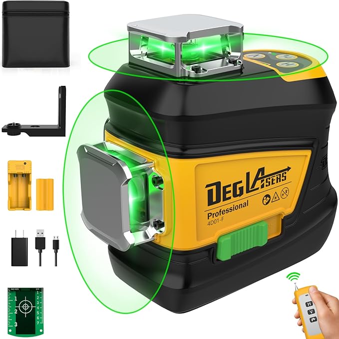 Laser Level 360 Self Leveling,DEGLASERS 3x360 Green Cross Line Laser Level for Construction and Picture Hanging with Rechargeable Battery(30Hrs), Remote Control, Magnetic Bracket, Portable Bag
