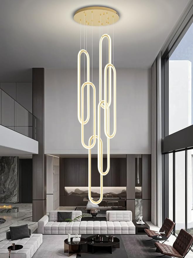 Flashing God H138 Modern Chandelier 6-Rings Large Chandelier for High Ceiling Led Dimmable Ring Pendant Lighting Gold Contemporary Chandeliers for Villa Foyer Entrance Living Room