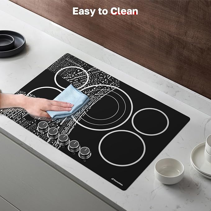 ThermoMate 30 Inch Electric Cooktop, 5 Burners Knob Control Built-in Ceramic Cooktop, 30" Radiant Electric Stove Top of 9000W with 9 Heat Levels, Hot Surface Indicator, 220-240v, Hard Wired