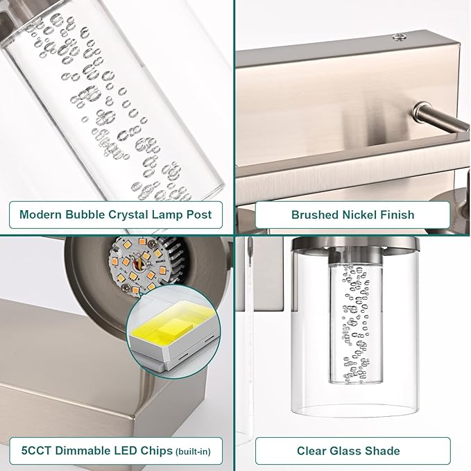 4-Light Modern Bathroom Light Fixtures Over Mirror,Brushed Nickel Led Vanity Lighting Fixtures with 5CCT Dimmable LEDs,Clear Glass Shades &Wall Sconces Lighting Design for Bedroom,Livingroom