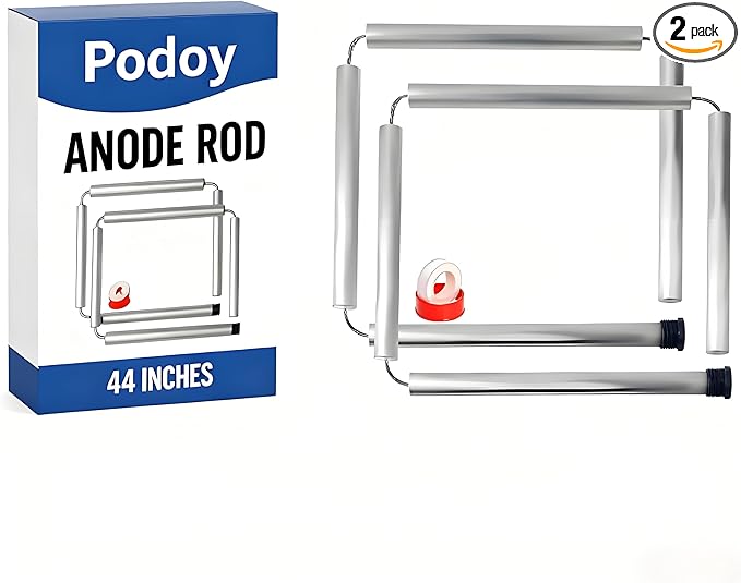 PODOY 44" Flexible Magnesium Anode Rod for Hot Water Heater 3/4" NPT Thread Water Heater Anode Rod Compatible with Rheemm Reliancee Richmondd GEE for Home Water Tank 2 Packs Including Teflon Tape