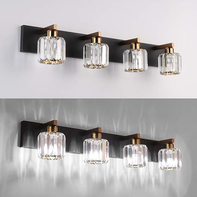 Aipsun Crystal Bathroom Vanity Lighting Black Vanity Light Fixtures Modern Vanity Light for Bathroom 4 Lights(Exclude Bulb)