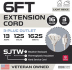 Iron Forge Cable Weatherproof 6 Ft Outdoor Extension Cord with 3 Outlets - 16/3 SJTW Heavy Duty Beige Extension Cord 3 Prong - 13 Amp Power Cable