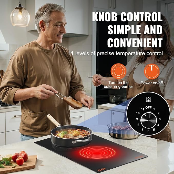 VEVOR Electric Cooktop, Built-in Electric Stove Top, with Glass Panel, Knob Control, 11 Heat Levels, for Diverse Cooking Requirements (12inch-2burners/110V)