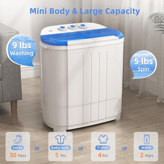 VCJ Portable Washing Machine, Twin Tub Washing Machine Laundry Compact Washer spinner Combo with 14lbs capacity, 9Lbs Washer and 5Lbs Spinner dryer for Apartments RVs and Dorms