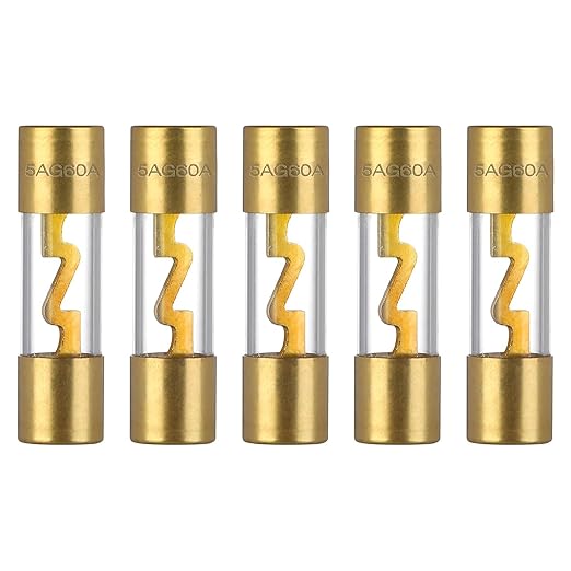 60A AGU Fuse 60 Amp Gold Plated Glass Inline Automobile Audio Fuses for Car Auto Stereo Amplifier Safety Power Protection 12V (Pack of 5 Pcs)