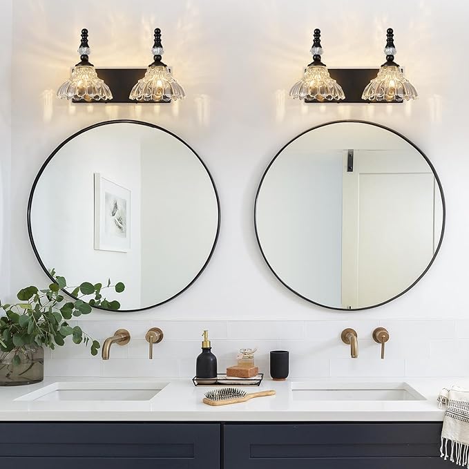 Vintage Bathroom Vanity Light, 2-Light Black Vanity Lighting Fixture with Flower Glass Shade, Bathroom Lighting Fixtures Over Mirror