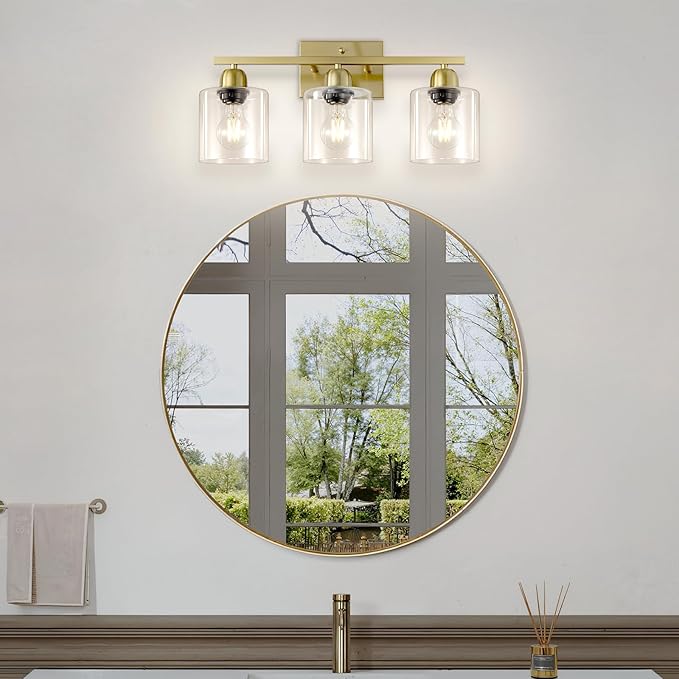 Modern Brushed Gold 3 Light Bathroom Light Fixtures, 19 inch Vanity Lights for Bathroom with Clear Glass for Mirror Kitchen Living Room Hallway Cabinet Porch