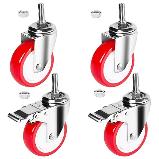 Stainless Steel Caster Wheels 4 inch, 1/2"-13x1-1/2 Threaded Stem Locking Casters Set of 4, Non-Marking Slient Polyurethane PU Wheels for Furnitures,Restaurants,Labs,Hospitals