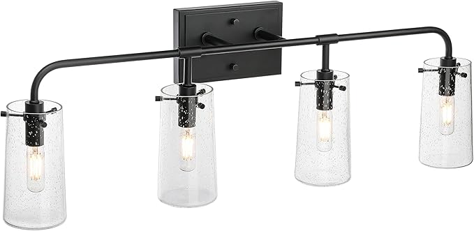 XiNBEi Lighting Bathroom Vanity Light, Industrial 4 Light Vanity Light Black Wall Light Fixture with Clear Seeded Glass Over Mirror XB-W1283-4-MB