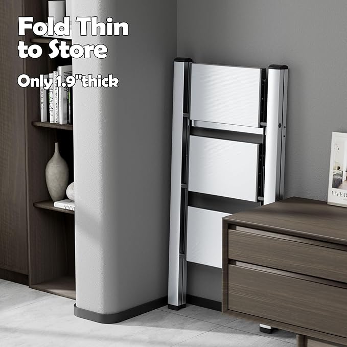 Taranta 3 Step Ladder,Aluminum Lightweight Folding 3 Step Stool with Anti-Slip Wide Pedal,330lbs Capacity Step Ladder for Household,Kitchen,Office - Silver