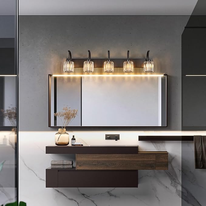5-Light Crystal Vanity Light, Modern Black Bathroom Wall Sconce with K9 Crystal Shades, 42.51" Long Over Mirror Lighting for Vanity, Makeup, Hallway, Elegant & Easy Installation