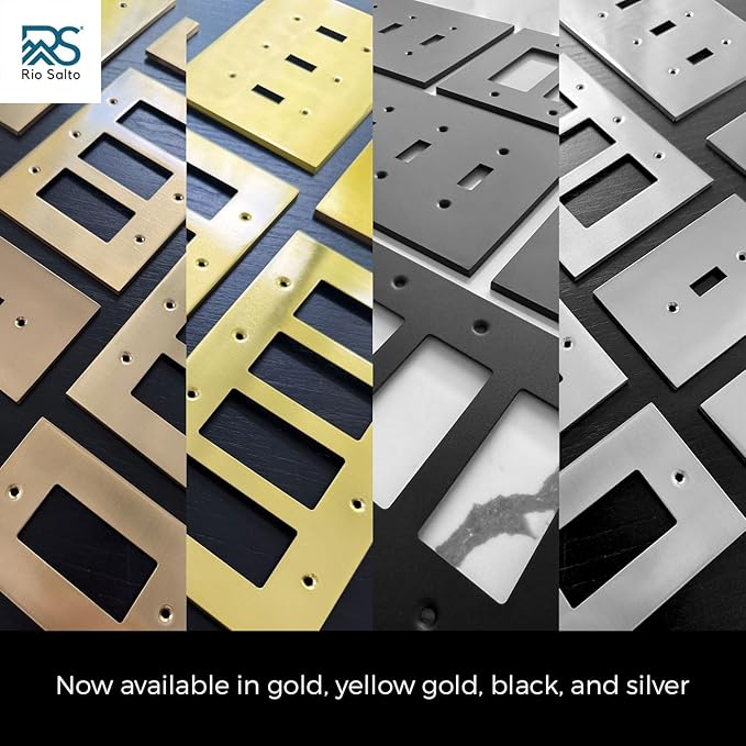 Rio Salto Modern Edge Metal BrassGold Wall Outlet Cover or Light Switch Cover Rocker Decora Switch Covers Decorator Plug Wall Plate Electric Outlet Covers Receptacle - Midsize 1 Gang 5-Pack