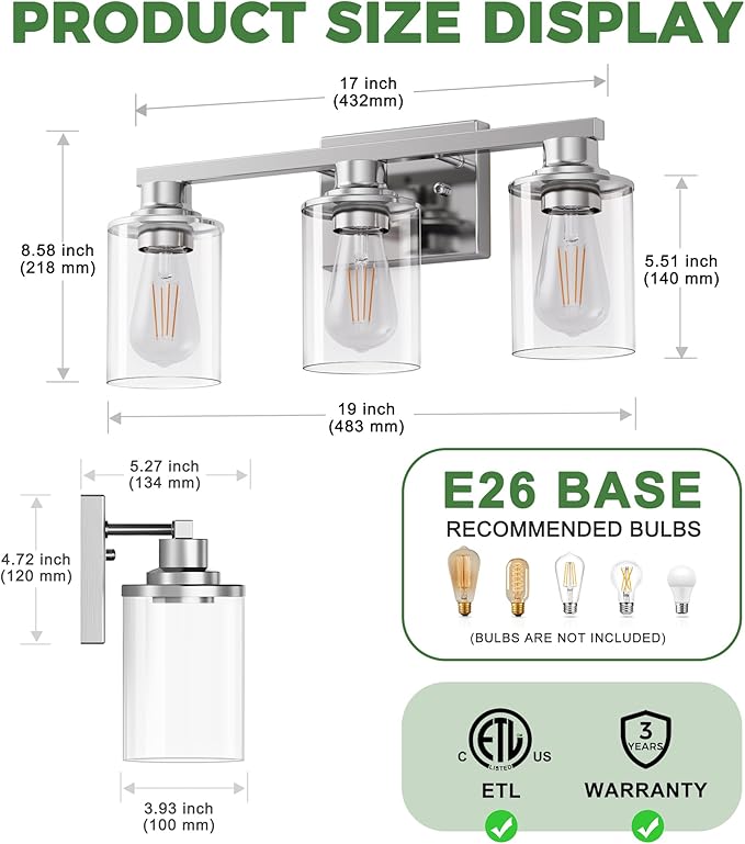 DORESshop 20 Inch Bathroom Light Fixtures, 3-Light Chrome Bathroom Lighting Fixtures Over Mirror with Clear Glass Shade, Vanity Lights for Living Room Bedroom