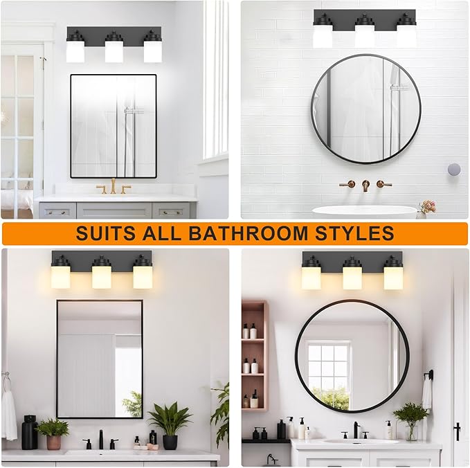 IZORRO Bathroom Vanity Light Fixture, 3-Light 22 Inch Matte Black Bathroom Light Fixtures Over Mirror, with White Glass Shade, Modern Farmhouse Vanity Lights, Rustic Restroom Lighting Fixtures